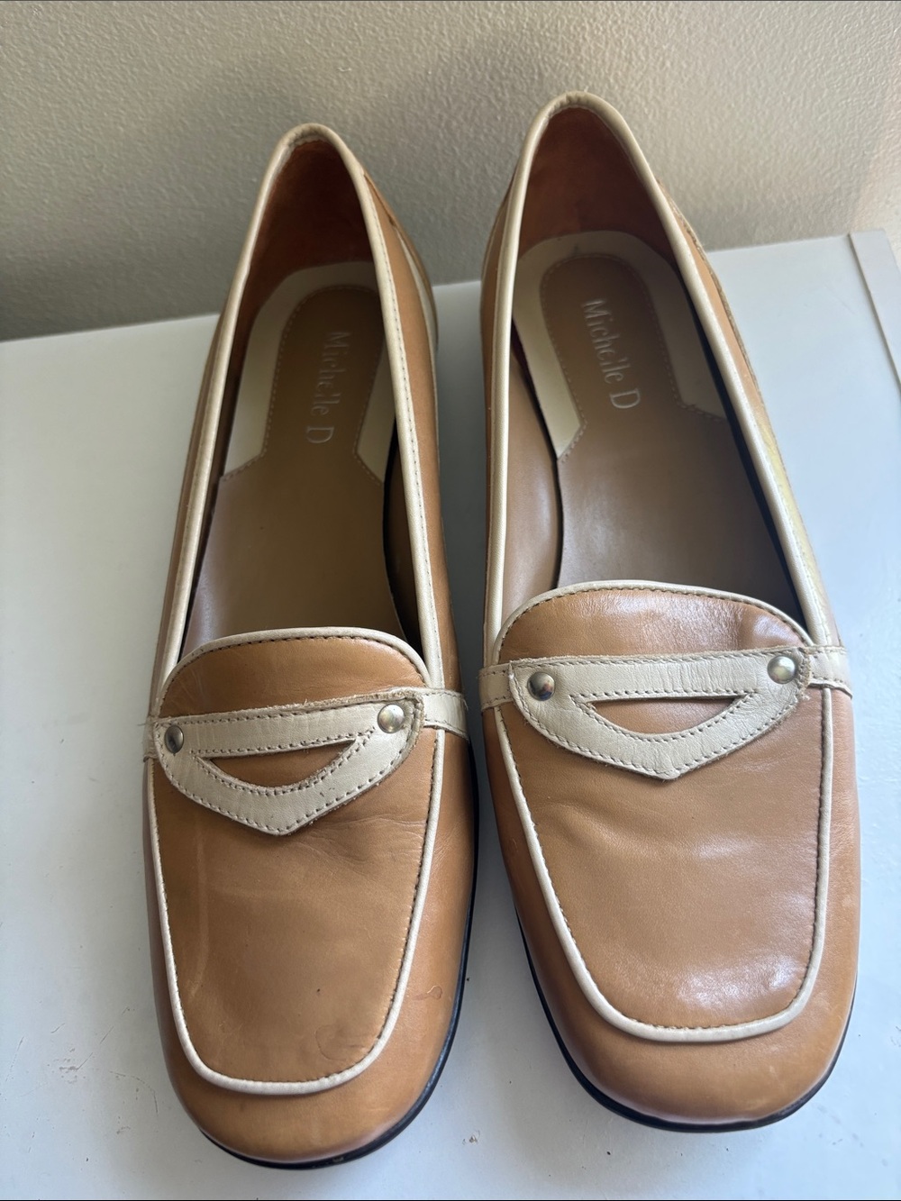 Michelle D Two-Tone Tan and Cream Leather Loafers